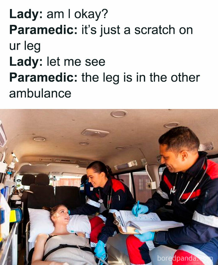 Paramedics attending to a patient in an ambulance with humorous EMT and paramedic meme text above.