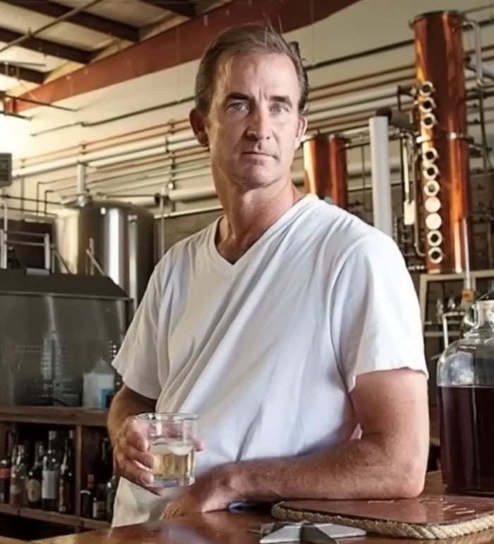 Man in a white t-shirt holding a glass, standing in a distillery setting related to Coldplay scandal discussions.