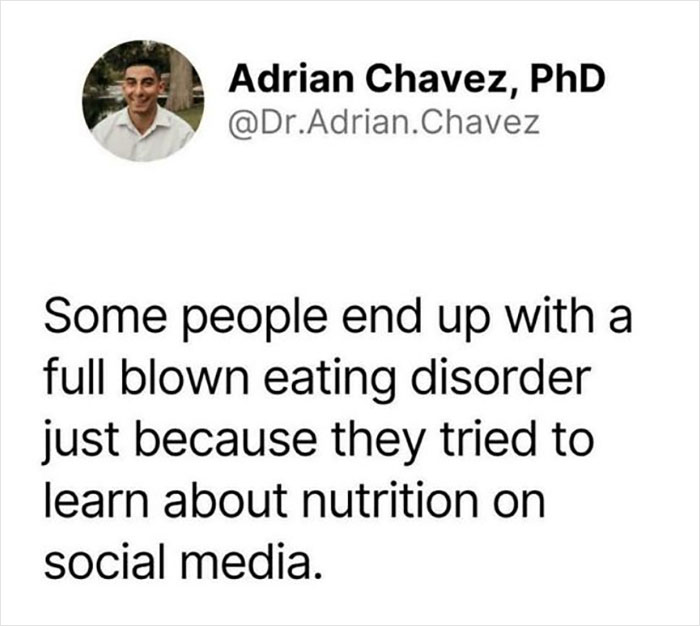 Adrian Chavez PhD tweet on the risks of learning nutrition from fitness influencers on social media platforms.