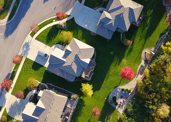 Aerial view of suburban homes with large lawns and colorful trees in a neighborhood reflecting common purchases ditched due to price tags.