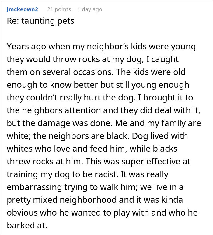Comment discussing neighbor&rsquo;s kids throwing rocks at dog, highlighting issues with taunting pets and neighborhood tensions.