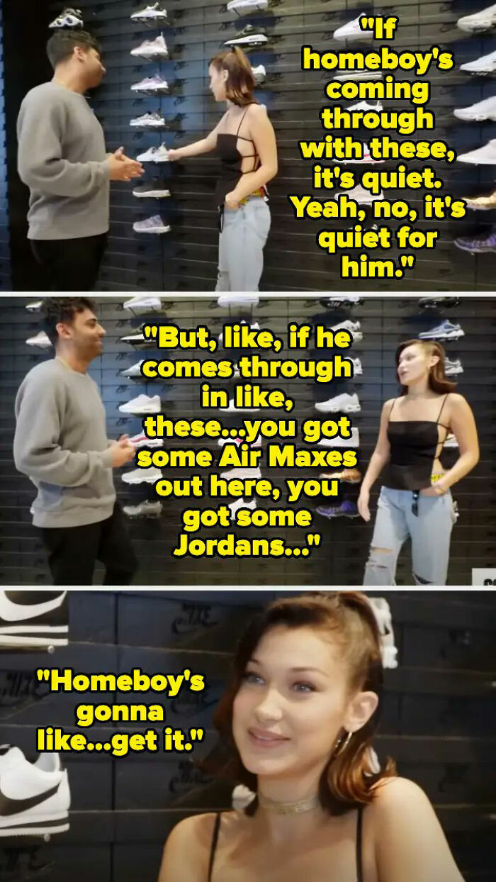 Two people discussing sneakers in a store, highlighting cringey celeb moments involving Air Maxes and Jordans.