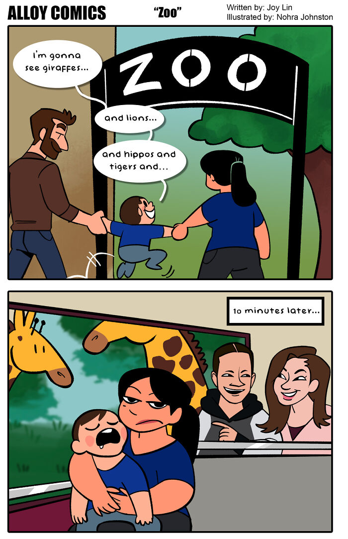 Family visiting the zoo with a toddler, showing humorous moments about love, marriage, and raising a tiny demon child.