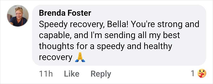 Comment from Brenda Foster wishing Bella Hadid a speedy recovery and sending supportive thoughts after hospital stay.