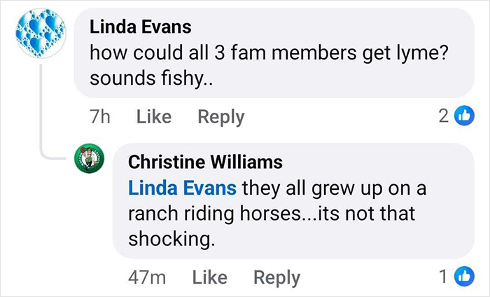 Comments on Lyme disease diagnosis, mentioning family members and ranch life in a social media conversation.