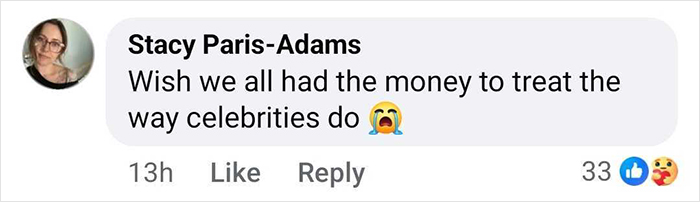 Comment by Stacy Paris-Adams expressing a wish to afford celebrity-level medical treatment with crying emoji.