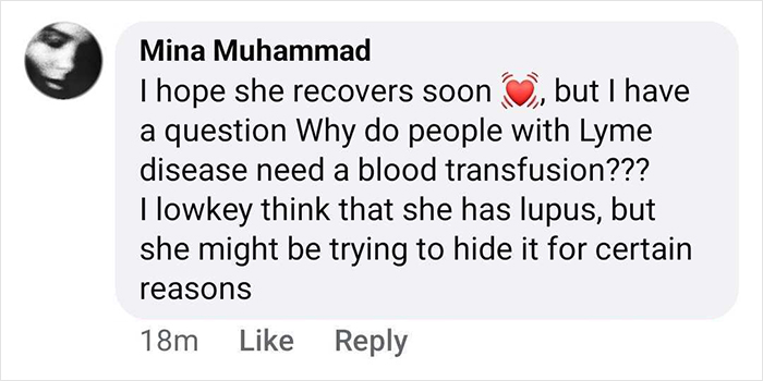 Comment discussing Bella Hadid&rsquo;s health, mentioning Lyme disease and concerns about her hospital photos.