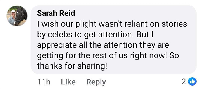 Comment from Sarah Reid discussing celebs sharing stories and raising attention about invisible suffering and hospital experiences.