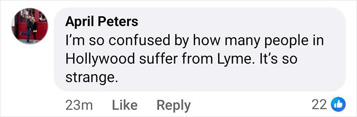 Comment discussing confusion about how many people in Hollywood suffer from Lyme disease, relating to Bella Hadid&rsquo;s hospital photos.