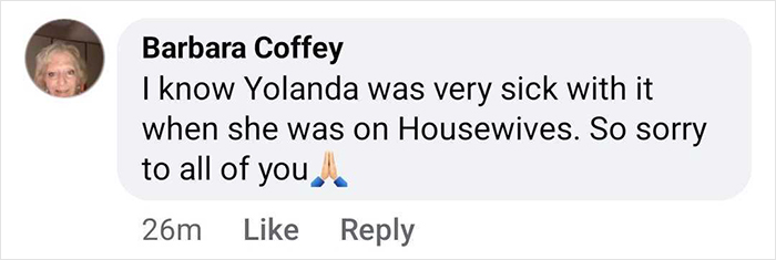 Facebook comment from Barbara Coffey expressing sympathy for Yolanda's illness during Housewives appearance.