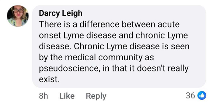 Social media comment discussing chronic Lyme disease and its recognition by the medical community amid health struggles.