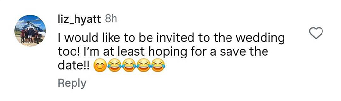 Comment from user liz_hyatt expressing hope to be invited to Taylor Swift's wedding, with multiple laughing emojis.