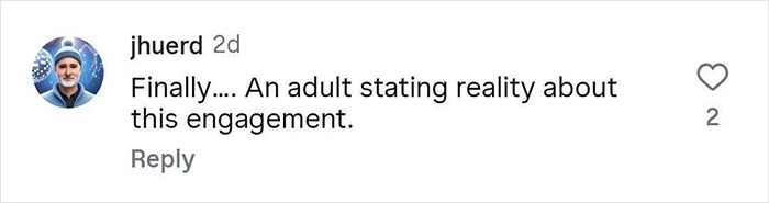 Comment on social media by Jhuerd expressing relief about an adult stating reality regarding Taylor Swift&rsquo;s wedding engagement.