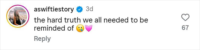 Instagram comment by user aswiftiestory about truth and reaction, related to mom telling 6yo daughter about Taylor Swift wedding.