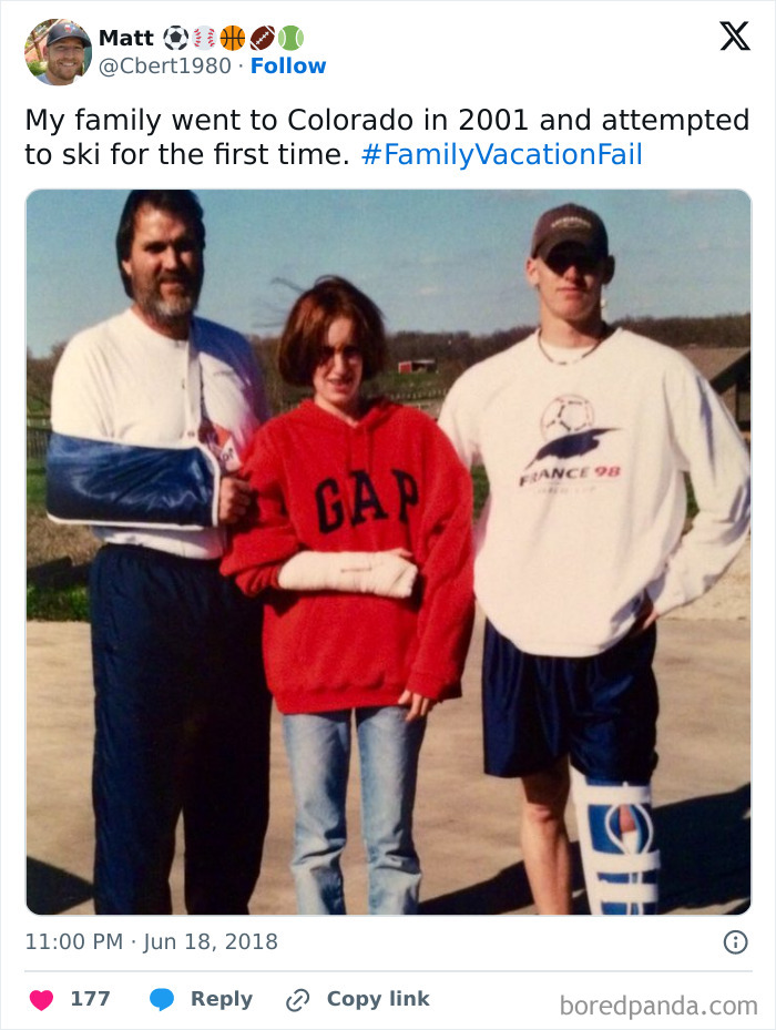 Family with multiple injuries from skiing attempt, illustrating bad luck on vacation shared by travelers.