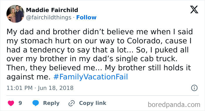 Screenshot of a tweet sharing a family vacation fail story about getting sick during a trip to Colorado.