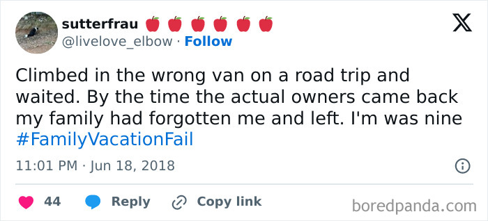 Tweet about climbing into the wrong van on a road trip, illustrating bad luck on vacation shared in a viral post.