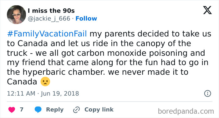 Tweet about a family vacation fail involving carbon monoxide poisoning during a trip to Canada, showing the worst luck on vacation.