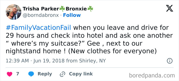 Tweet about worst luck on vacation with lost suitcase after 29-hour drive causing family vacation fail.