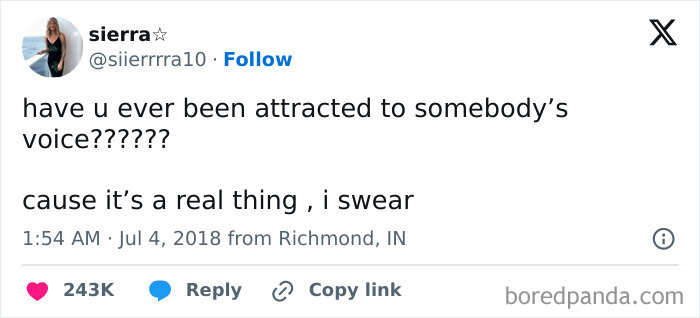 Tweet about being attracted to someone's voice, illustrating relatable wholesome relationship memes and feelings.