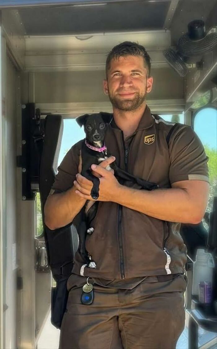UPS driver in uniform holding an adorable black puppy inside a delivery truck during a pet meet-up.