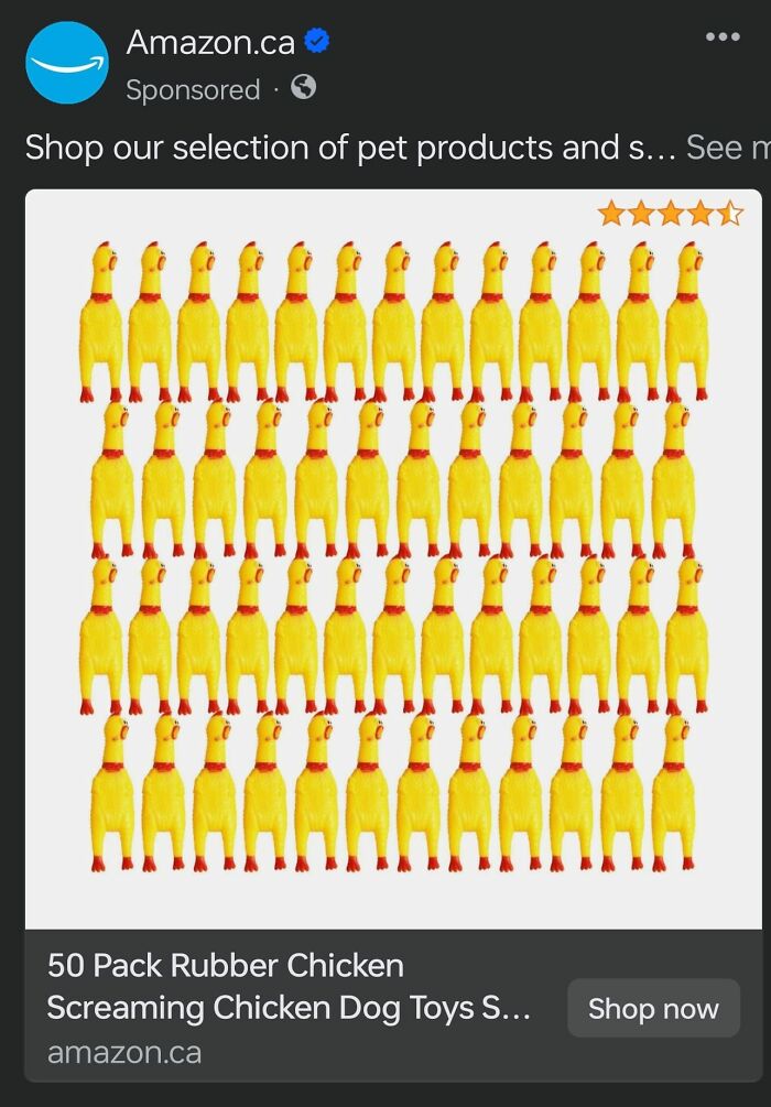 50 pack of weird rubber chicken dog toys shown in rows, highlighting some of the weirdest purchases people would make.