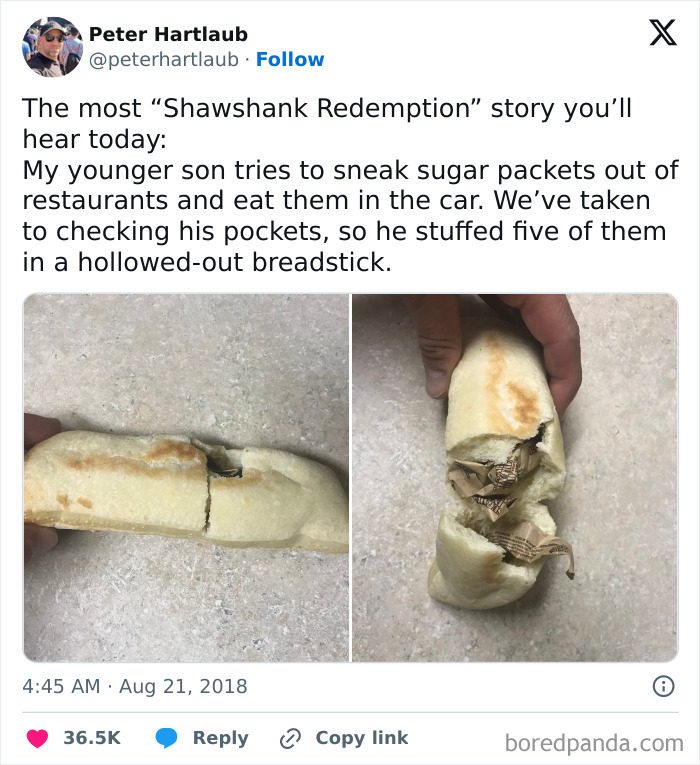 Child's clever invention hiding sugar packets inside a hollowed-out breadstick to surprise parents.