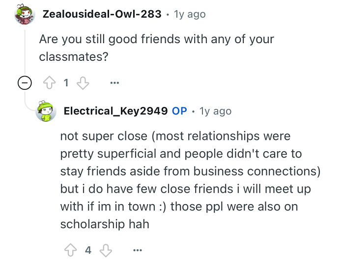 Reddit Q&A showing person studied in a prestigious private school discussing friendships and social connections.