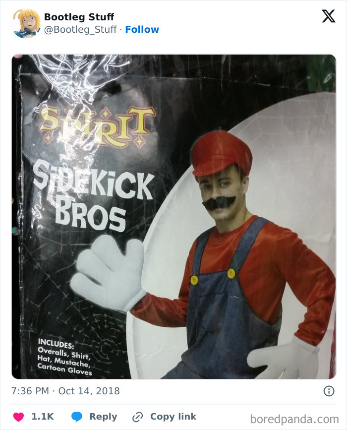 Off-brand Halloween costume of a man in overalls, red shirt, red hat, fake mustache, and oversized cartoon gloves.
