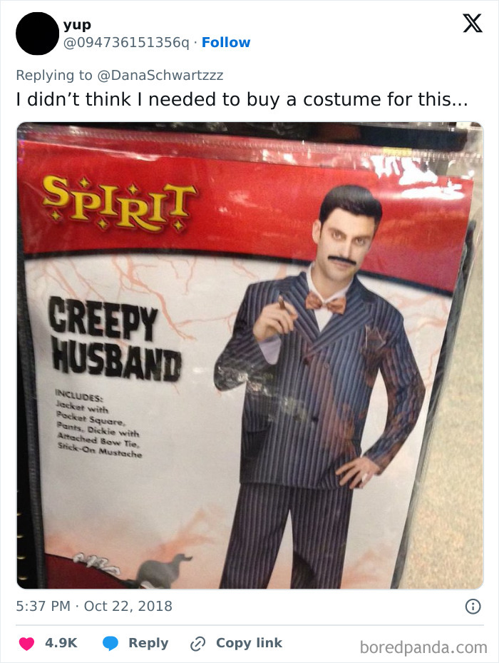 Off-brand Halloween costume pack labeled creepy husband featuring a man in pinstripe suit with mustache and bow tie.