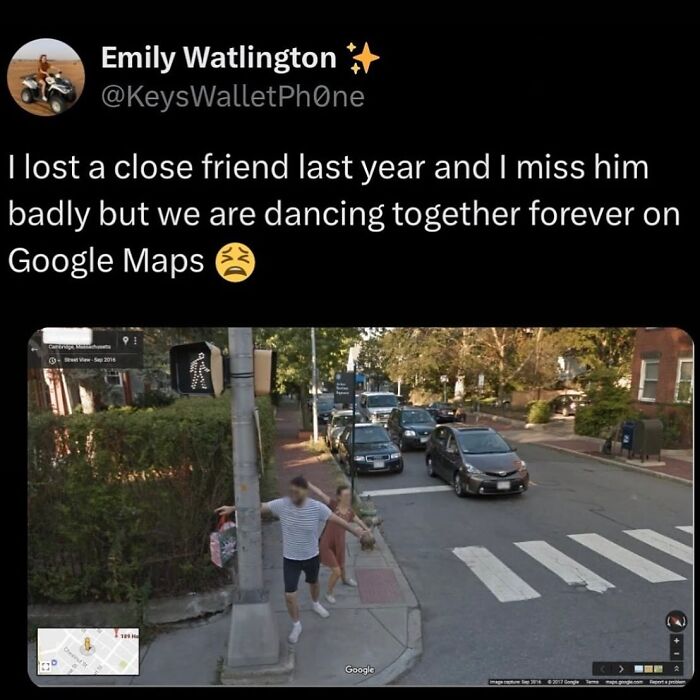 Tweet about missing a close friend showing a Google Maps street view of two people dancing, a wholesome post distraction.