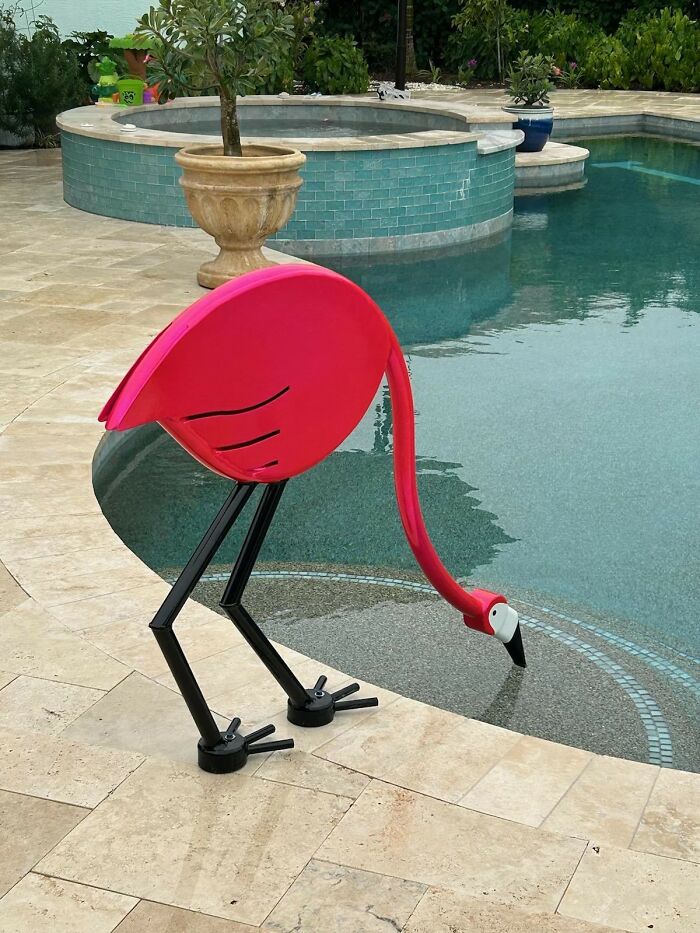 Large red flamingo lawn ornament by a pool, one of the weirdest purchases people would make in a heartbeat.