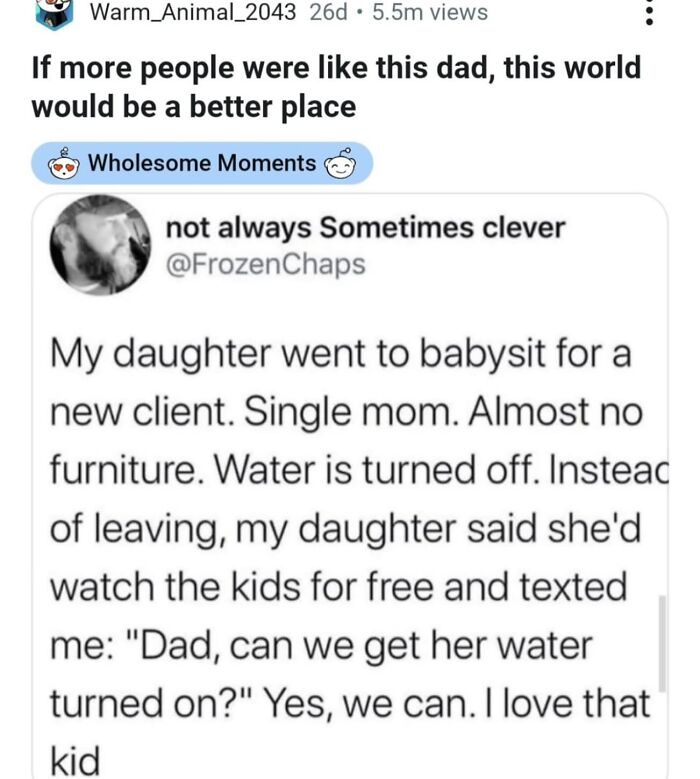 Wholesome post showing a kind daughter babysitting for a single mom in need, highlighting caring moments to uplift and distract.