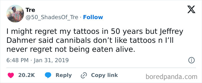 Tweet about tattoos and cannibals, humor related to true crime binge-watching as a form of self-care.