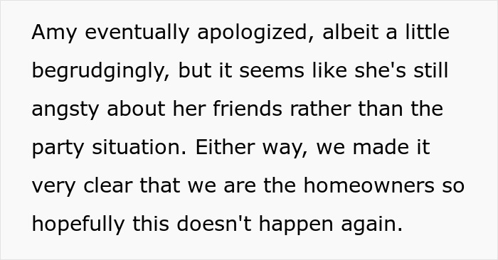 Text excerpt about a woman accusing homeowners of ruining her party because they didn&rsquo;t leave their home.