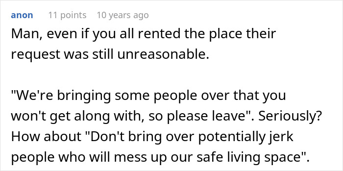 Text comment discussing unreasonable requests by homeowners who asked guests to leave during a party they accused of ruining.
