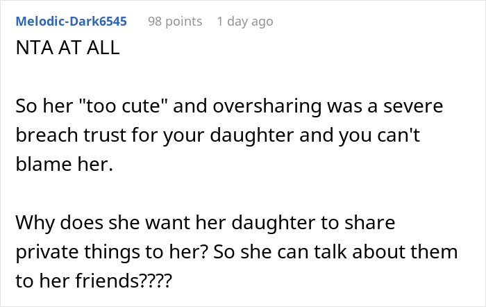 Screenshot of an online comment discussing telling wife why daughter doesn't trust due to oversharing and breach of trust.