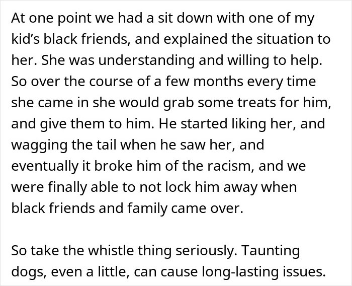 Text excerpt discussing a neighbor admitting her mom drilled holes in fence to spy but denying dog taunting claims.