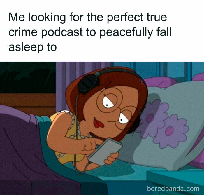 Cartoon woman lying in bed with headphones, searching for a true crime podcast for self-care and relaxation.