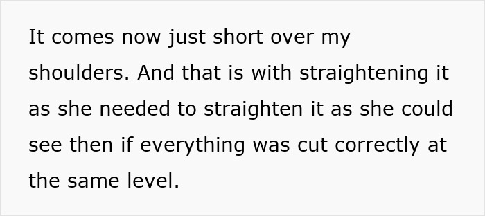 Text block describing hair length just short over shoulders, mentioning straightening to check haircut level accuracy. Text block describing hair length just short over shoulders, mentioning straightening to check haircut level accuracy.