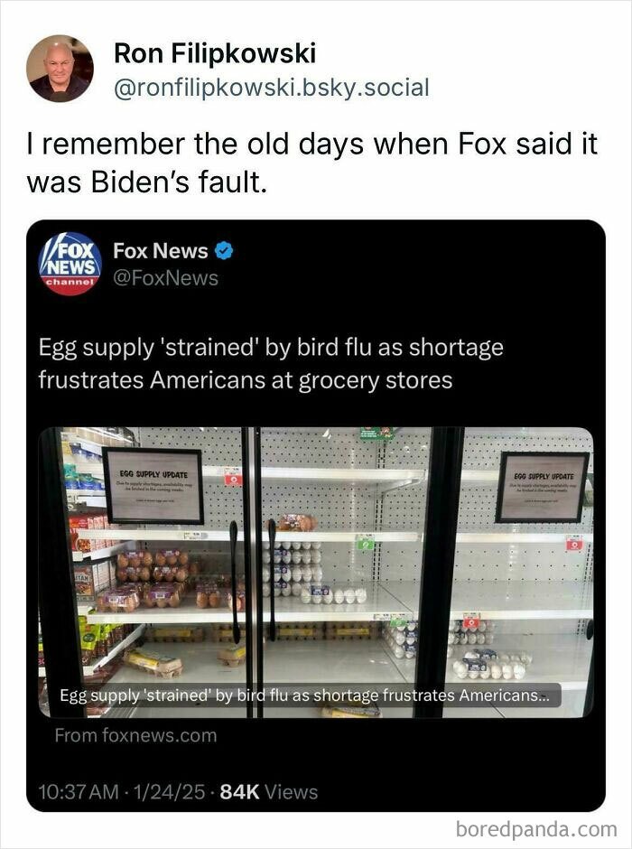 Tweet showing empty grocery store shelves due to egg supply shortage, highlighting courage to tweet what others cannot.