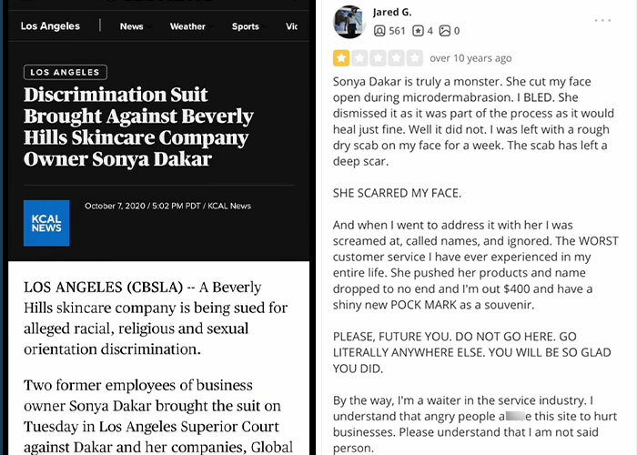 Image showing a lawsuit against Beverly Hills skincare owner and a woman&rsquo;s review claiming permanent facial disfigurement after treatment.