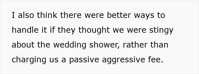 Text excerpt discussing handling of wedding shower gift concerns and passive aggressive fees after cheap gifts spark bride demands.