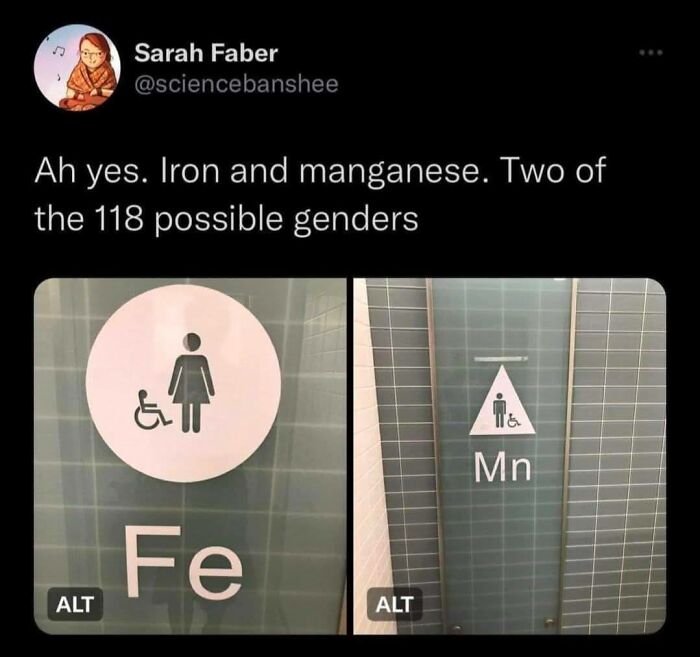 Tweet humor about iron and manganese as genders shown on restroom signs, reflecting absurd scientific takes on society.