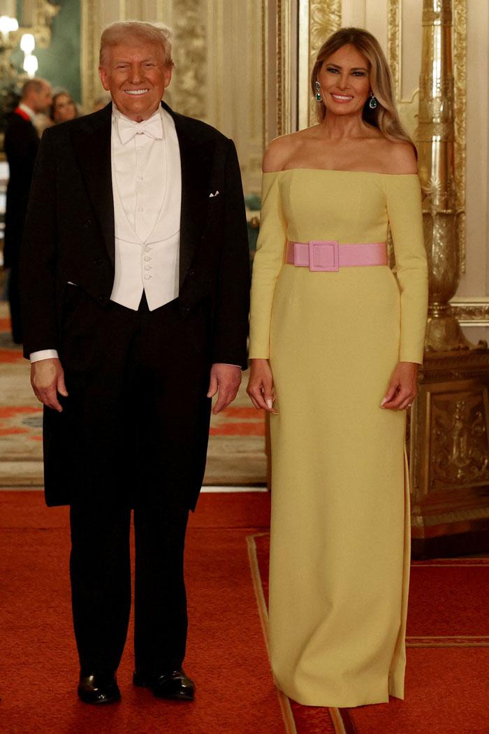 Melania Trump wearing an optical illusion dress with pink belt standing next to a man in formal attire indoors. Melania Trump wearing an optical illusion dress with pink belt standing next to a man in formal attire indoors.