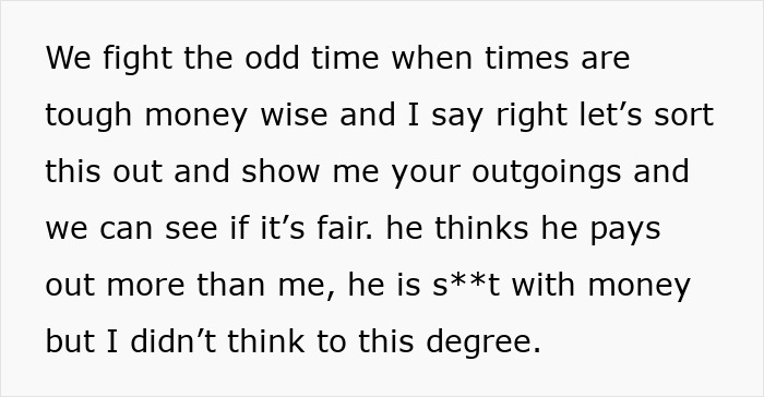 Text showing a wife expressing frustration after learning her husband has a huge debt he kept secret, causing fights.