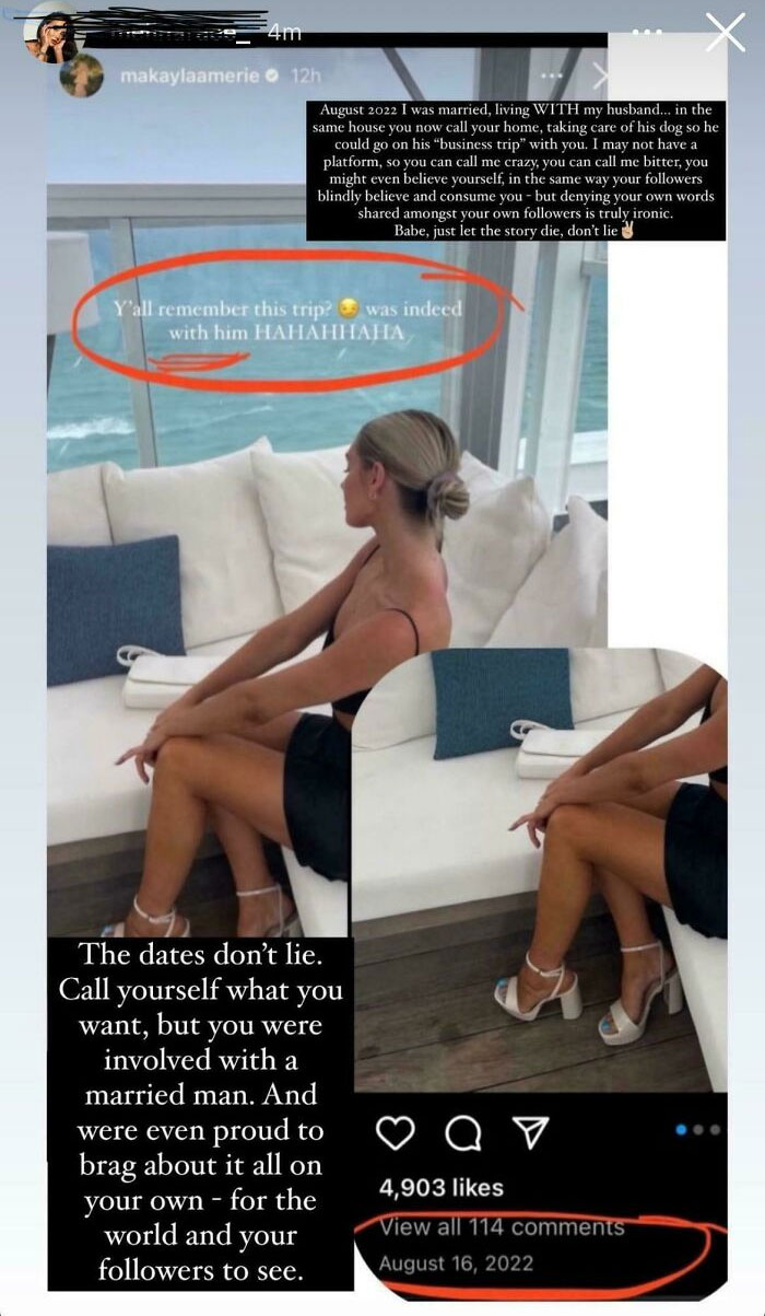 Woman sitting on a white couch with text overlays in a social media post about fitness influencers and personal drama.