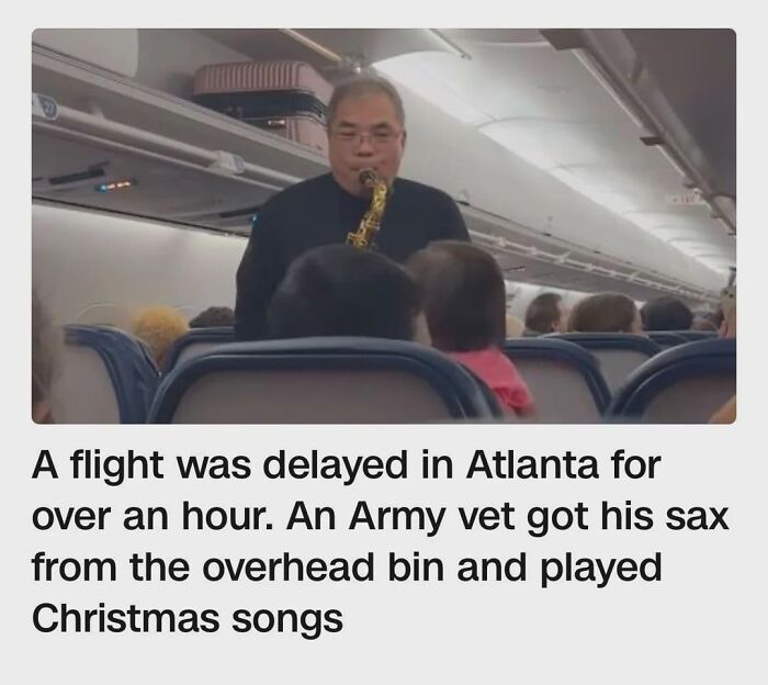 Army vet plays saxophone Christmas songs on delayed Atlanta flight, spreading wholesome joy to distracted passengers.