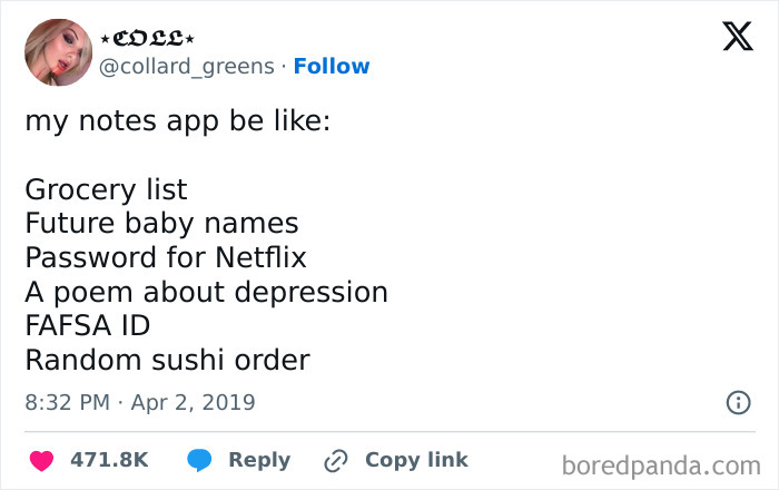 Screenshot of a humorous social media post showing a student's chaotic notes app mixing grocery lists and FAFSA ID.