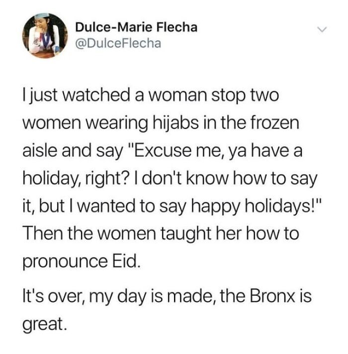 Wholesome post showing kindness as a woman learns to pronounce Eid from two women wearing hijabs in a frozen aisle.